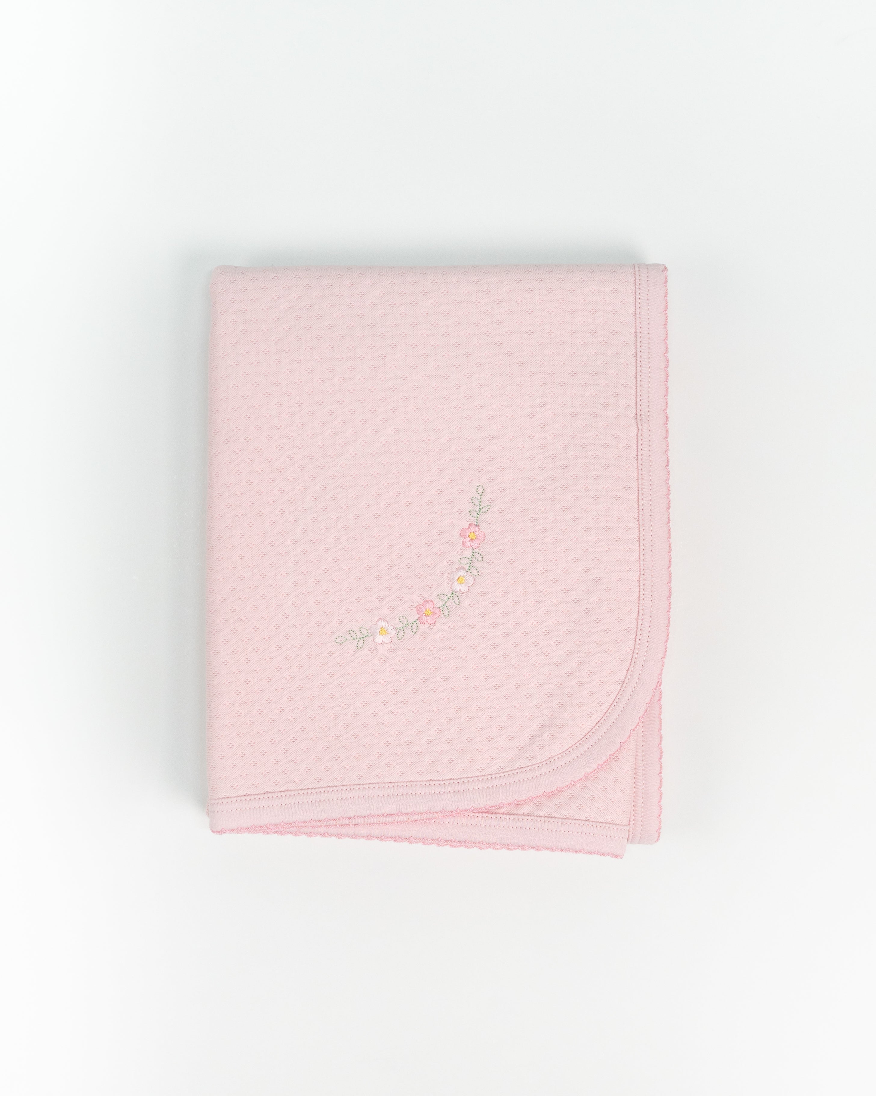 Pink Jacquard Blanket with Embroidered Spring Flowers