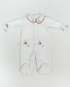 White Jacquard Baby Footie with Embroidered Bear Rider Collar