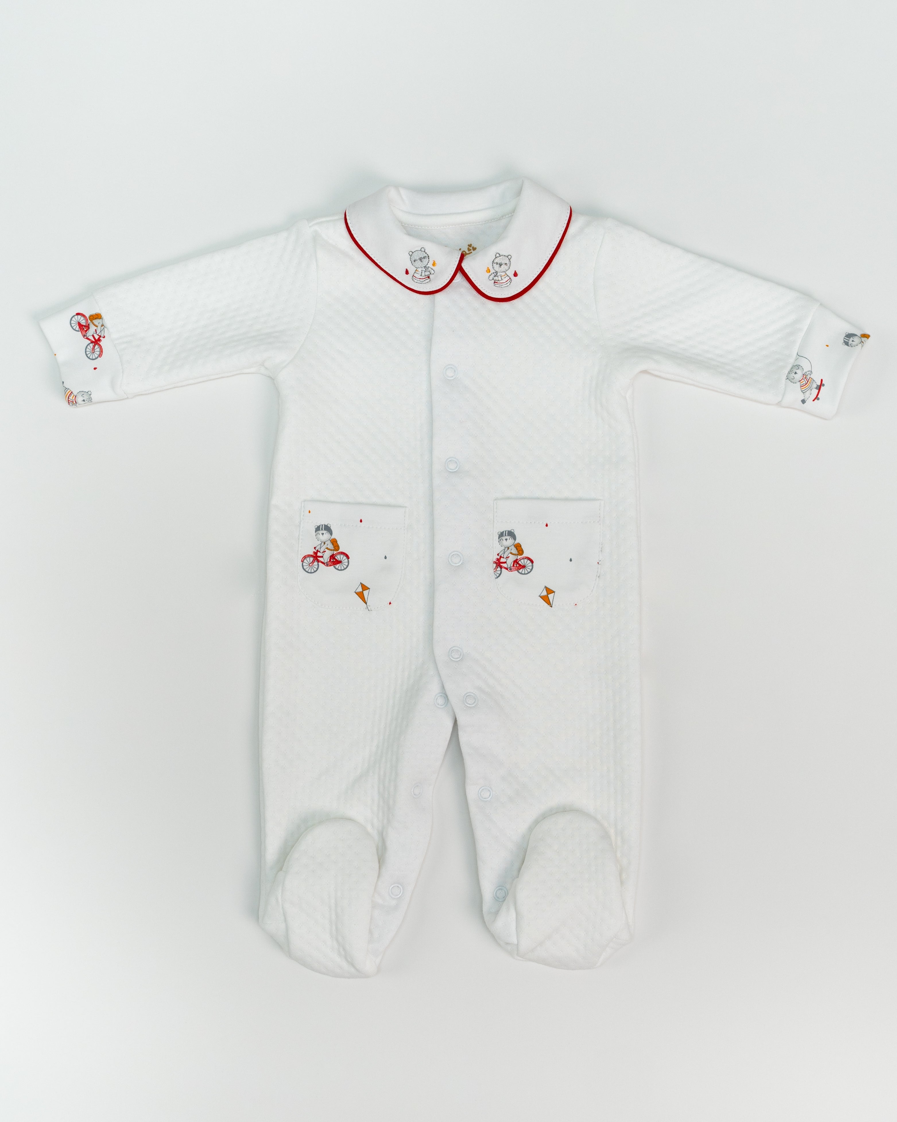 White Jacquard Baby Footie with Embroidered Bear Rider Collar