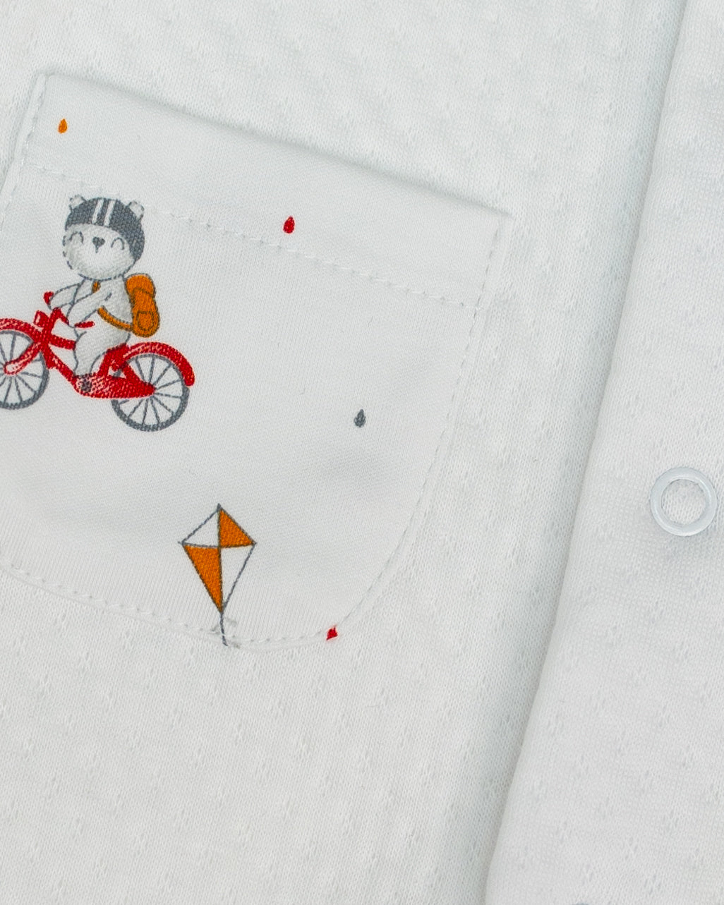 White Jacquard Baby Footie with Embroidered Bear Rider Collar
