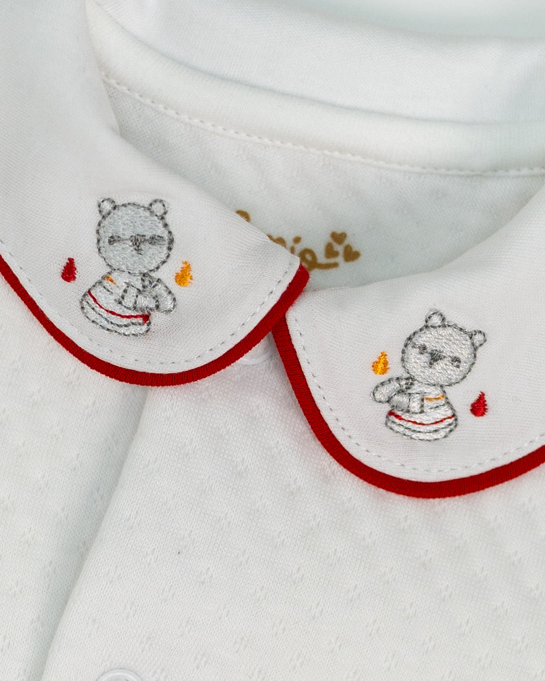 White Jacquard Baby Footie with Embroidered Bear Rider Collar