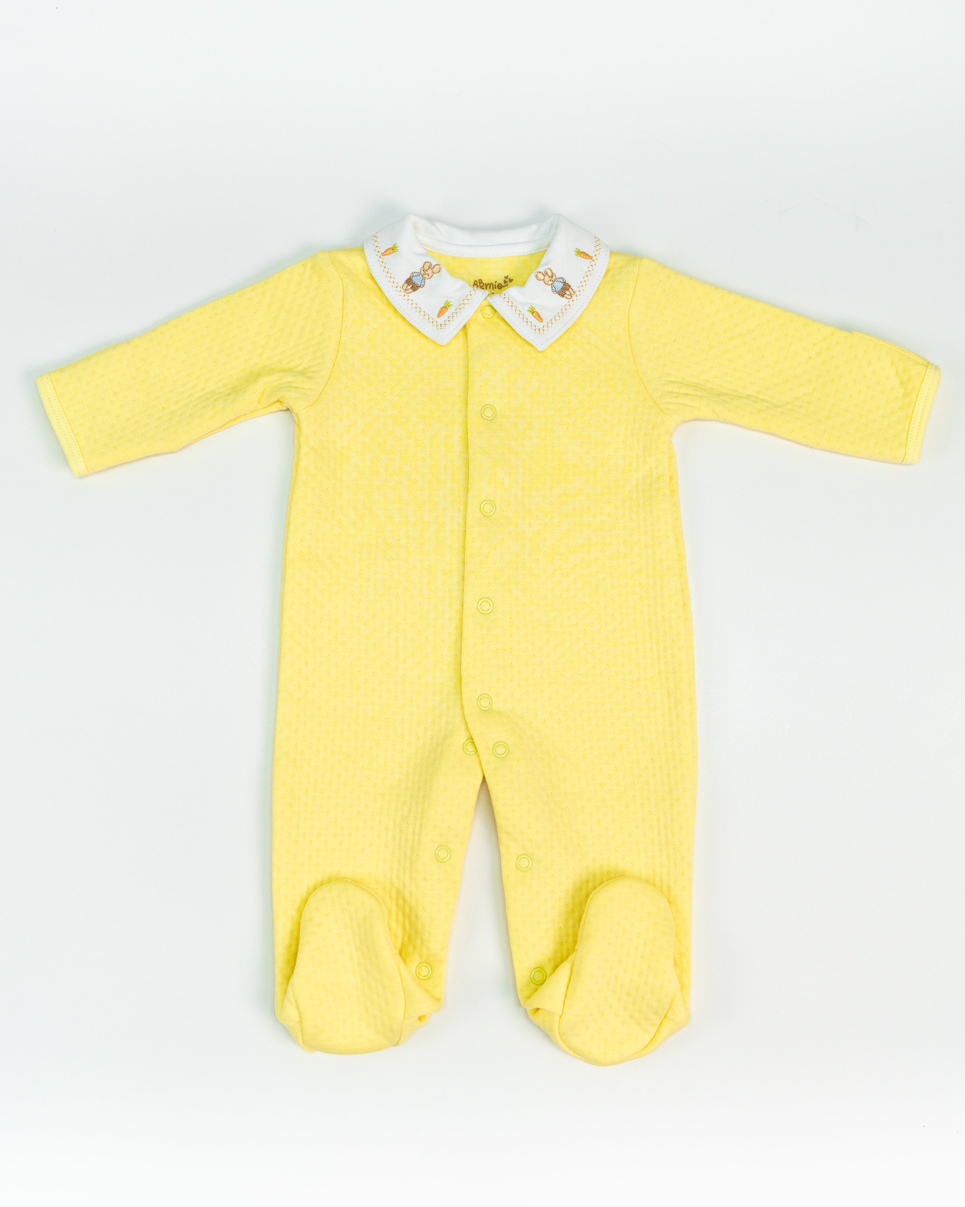 Yellow Jacquard Baby Footed Sleeper with Embroidered Rabbit Collar
