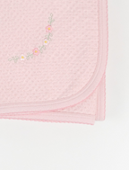 Pink Jacquard Blanket with Embroidered Spring Flowers