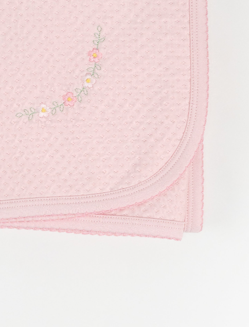Pink Jacquard Blanket with Embroidered Spring Flowers
